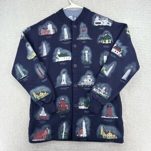 Vtg 90s Art Unlimited Lighthouse Sweater Jacket Women's M AOP Great Lakes USA